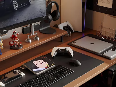 Entertainment Room With Computer Monitor Headphones Game Controller Laptop Game Console And Small Figurines 3d model