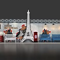 Fashion Storefront Window Featuring Eiffel Tower Decoration White Bench Red Mailbox And Vintage Elements 3d model
