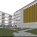 Modern School Building With Yellow Vertical Panels Multi Storey Courtyard Green Lawn And Stone Path