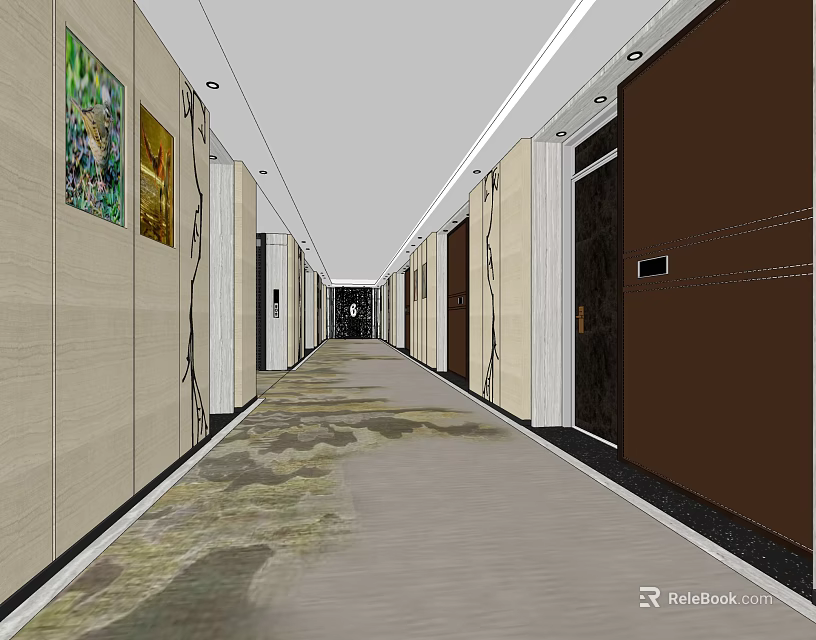 Modern Elevator Hallway With Beige Walls Decorative Artworks And Patterned Carpet 3d model 