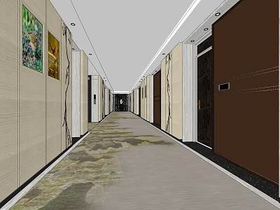Modern Elevator Hallway With Beige Walls Decorative Artworks And Patterned Carpet 3d model