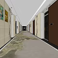 Modern Elevator Hallway With Beige Walls Decorative Artworks And Patterned Carpet