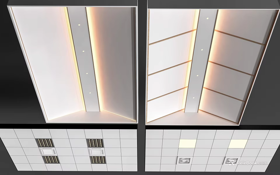Modern Ceiling Design With Recessed Lighting Grid Lines And LED Strips 3d model 