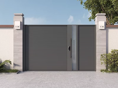 Modern Metal Double Door Gate With Stone Pillars And Green Plants Residential Exterior Design 3d model