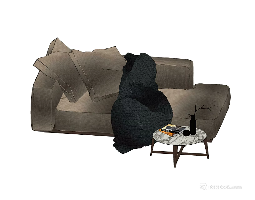 Gray Upholstered Chaise Lounge With Cushions And Side Table Decorations 3d model