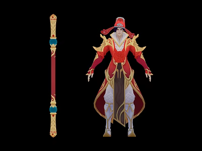 Mythical Character in Red and Gold Ornate Outfit with Hat and Decorative Staff 3d model
