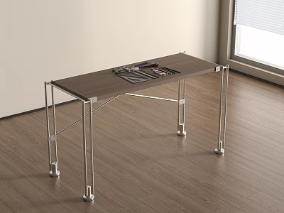 Modern Table with Wooden Top and Metal Legs in Bright Room with Wooden Floor 3d model
