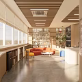 Modern Lounge Area Interior With Large Windows Wooden Ceiling And Orange Sofa