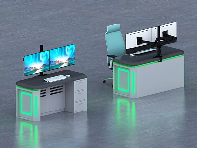 Modern Monitoring Control Room with Dual Workstations Multiple Monitors Green LED Strips and Office Chair 3d model