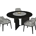 Modern Round Table With Marble Top And Three Patterned Chairs With Dark Legs 3d model
