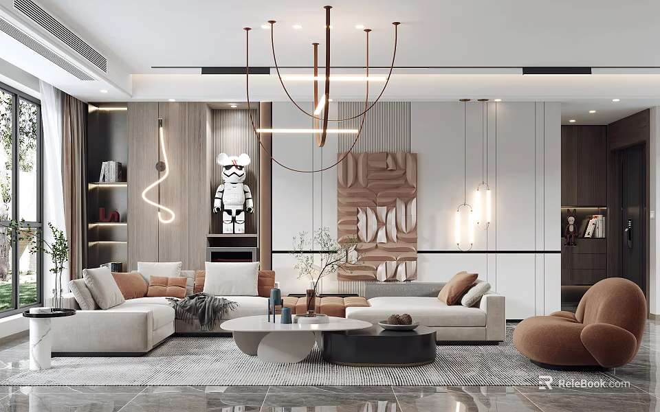 Elegant Modern Living Room Interior With Sofa Chandelier Rug And Wall Art 3d model 
