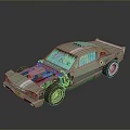 Light Green Vintage Modified Car With Exposed Engine White Stripes And Large Wheels