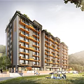 Modern Multi Story Apartment Building With Balconies Greenery People Walking And Parked Cars
