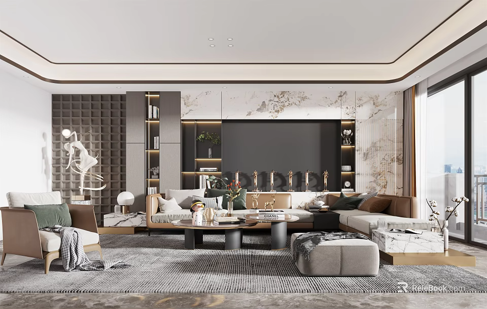 Modern Living Room Interior With Marble TV Wall Sofa Set And Patterned Rug 3d model