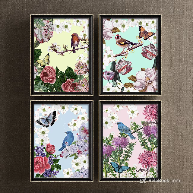 Set of Four Botanical Paintings with Birds Butterflies and Flowers as Wall Art Decor 3d model 