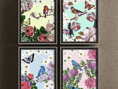 Set of Four Botanical Paintings with Birds Butterflies and Flowers as Wall Art Decor 3d model