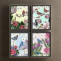 Set of Four Botanical Paintings with Birds Butterflies and Flowers as Wall Art Decor