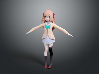 Child With Pink Twin Tails Green Bow Beige Coat White Dress Red Shoes Arms Outstretched 3d model