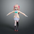 Child With Pink Twin Tails Green Bow Beige Coat White Dress Red Shoes Arms Outstretched