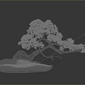 Natural Bonsai Decorative Ornament Set With Curved Trunk Green Leaves And Moss Covered Stones