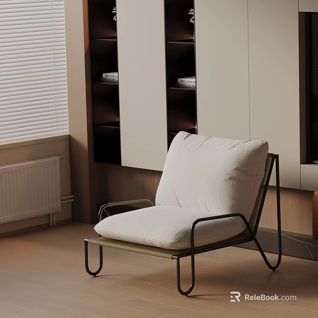 Modern Leisure Chair With Metal Frame White Cushions In Interior With Bookshelf And Blinds 3d model 