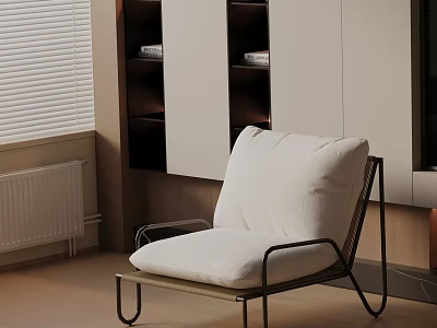 Modern Leisure Chair With Metal Frame White Cushions In Interior With Bookshelf And Blinds 3d model