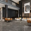 Modern Front Desk Reception In Spacious Lobby With Marble Floor Large Windows And Sofa Seating 3d model