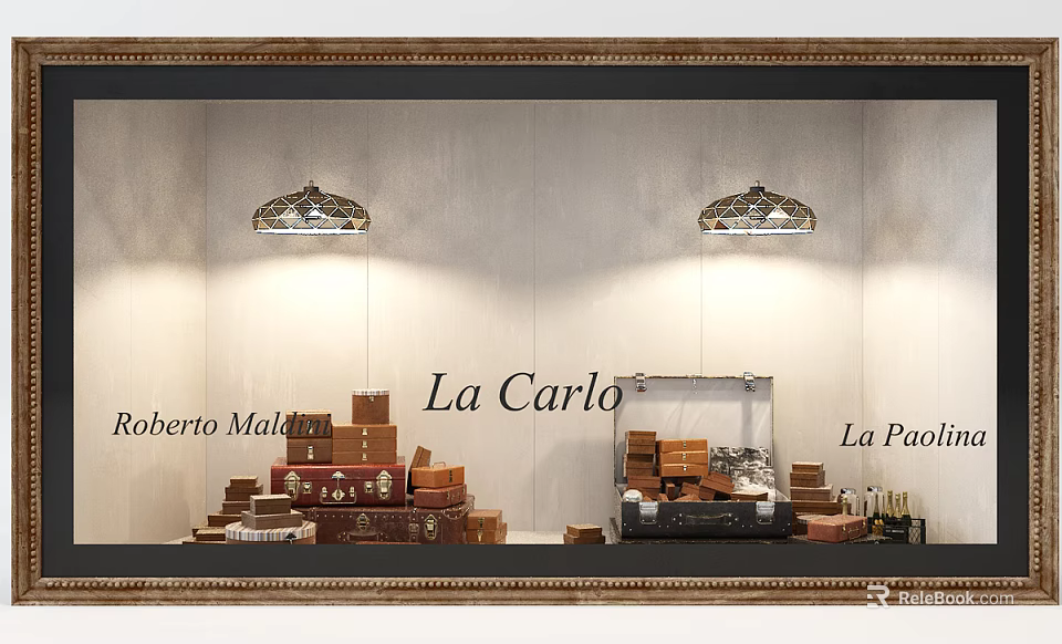 Window Display Featuring La Carlo Roberto Malini La Paolina Trunks And Boxes With Wall Lamps 3d model 