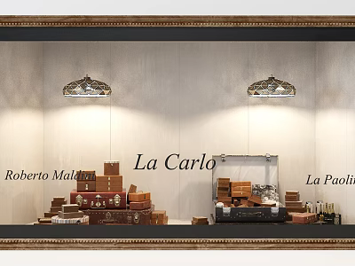 Window Display Featuring La Carlo Roberto Malini La Paolina Trunks And Boxes With Wall Lamps 3d model