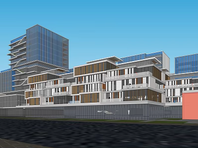Modern Multi story Building Complex With Glass Curtain Wall And Blue Sky 3d model