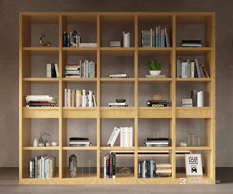 Wooden Bookshelf With Multiple Compartments Books Decorative Items And Potted Plant 3d model 