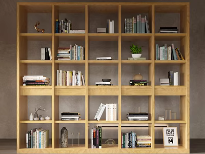 Wooden Bookshelf With Multiple Compartments Books Decorative Items And Potted Plant 3d model