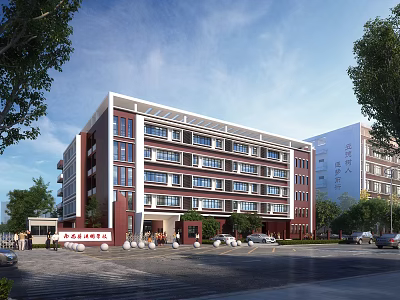 Multi Story School Building With Red Brick White Exterior Large Windows Trees And Parking Area 3d model