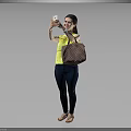 Woman Taking Selfie With Smartphone Wearing Yellow Top Blue Jeans Sandals And Brown Checkered Handbag