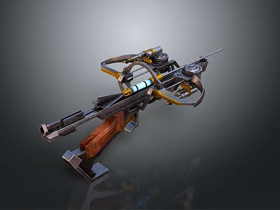 Modern Mechanical Crossbow With Yellow Black Accents Wooden Grip And Metal Components 3d model