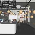 Cafe Interior with Menu Board Counter Coffee Machine Stools and Minimalist Lighting