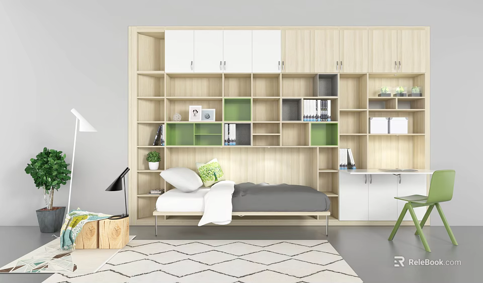 Modern Multi Shelf Bookcase with White Green Compartments Small Bed and Table Lamp 3d model 
