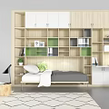 Modern Multi Shelf Bookcase with White Green Compartments Small Bed and Table Lamp