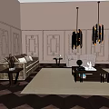Modern Leather Sofa And Wooden Coffee Table Set With Chandelier Checkerboard Floor And Wall Panels