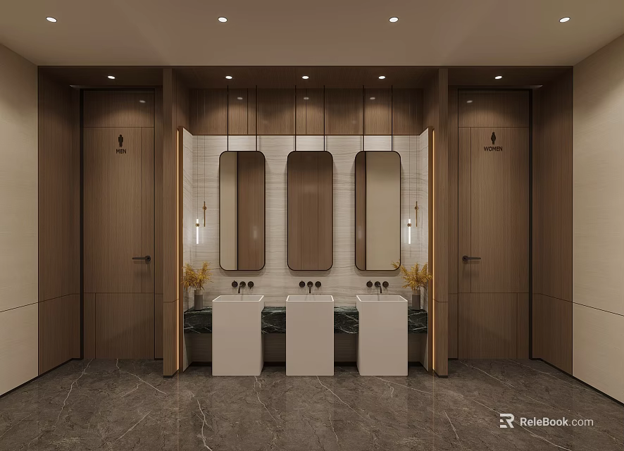 Modern Public Restroom Interior With Three Vanity Sinks Mirrors And Stall Doors 3d model 
