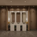 Modern Public Restroom Interior With Three Vanity Sinks Mirrors And Stall Doors