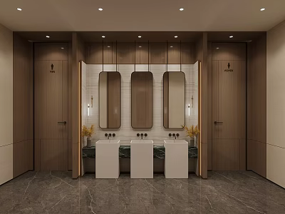 Modern Public Restroom Interior With Three Vanity Sinks Mirrors And Stall Doors 3d model