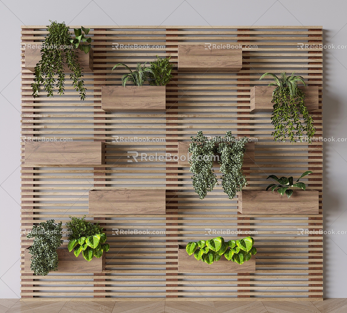 green plant wall plant potted solid wood grille green plant wall hanging basket plant 3d model