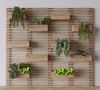 green plant wall plant potted solid wood grille green plant wall hanging basket plant 3d model