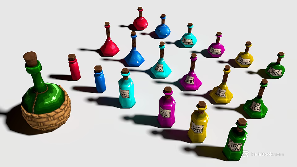 Colorful Glass Bottles Decorative Ornament Set With Various Colors And Wooden Stoppers For Home Decoration 3d model 