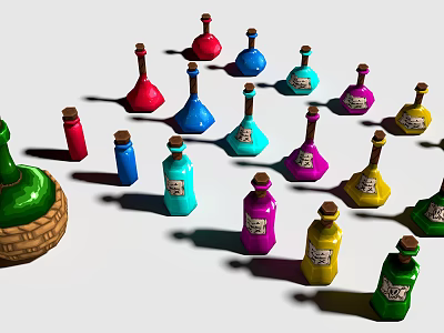 Colorful Glass Bottles Decorative Ornament Set With Various Colors And Wooden Stoppers For Home Decoration 3d model