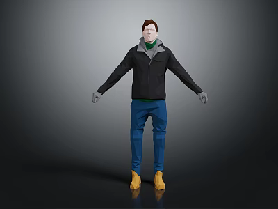 3D Rendered Male Character Wearing Black Jacket Green Hoodie Blue Pants And Yellow Boots 3d model