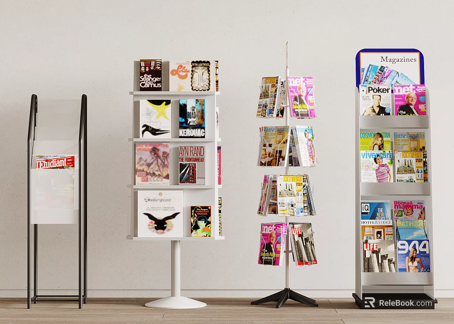 Modern Magazine Display Racks With Varied Designs And Colorful Magazines 3d model 