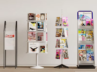 Modern Magazine Display Racks With Varied Designs And Colorful Magazines 3d model