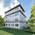 Modern Detached Villa Exterior Design With Two Story Structure Lawn Trees And Car On Driveway